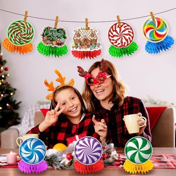8 Pcs Candyland Christmas Decorations 3D Double Side Honeycomb Centerpieces - Picture 6 of 7